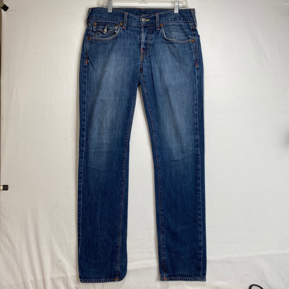 Y2K True Religion Section Slim Jeans Mens 31X32 Blue Denim Horseshoe Flap